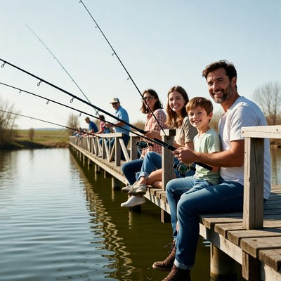 Family fishing on wooden pier