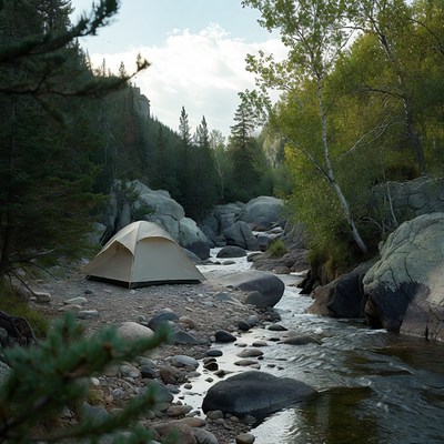 Beige tent by mountain stream