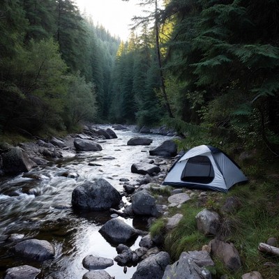 Tent by riverside in forest