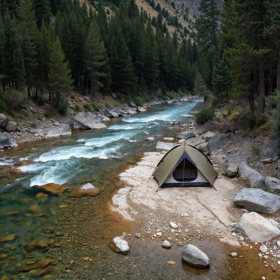 Green tent by mountain river