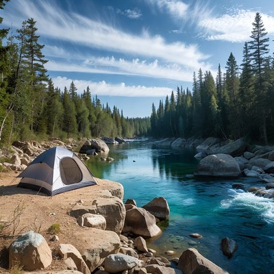Tent by turquoise river in forest