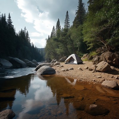 Tent by river in pine forest