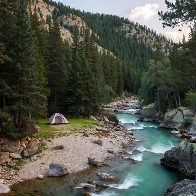 Tent by turquoise river in mountains