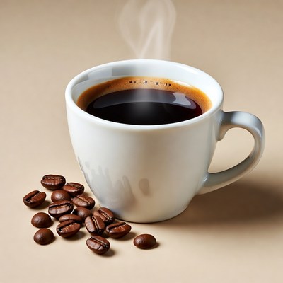 Steaming Coffee Cup with Beans