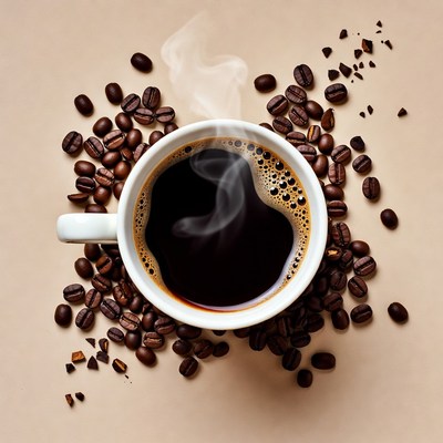 Hot coffee cup with scattered beans