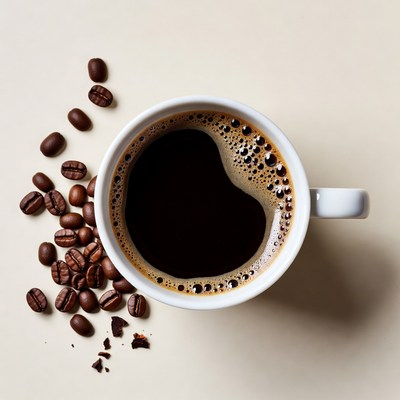 White coffee cup with scattered beans