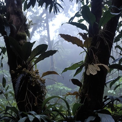 Misty Tropical Rainforest with Mossy Trees