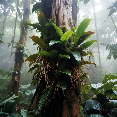 Epiphyte orchids on rainforest tree trunk