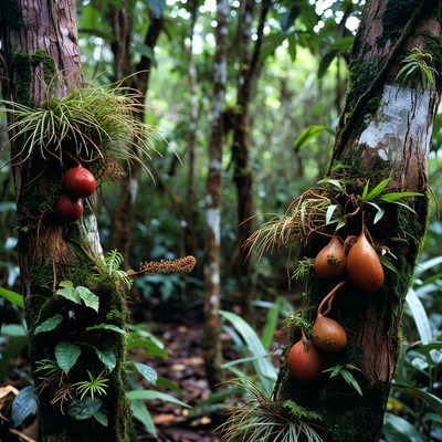 Red pear-shaped fruits on rainforest tree