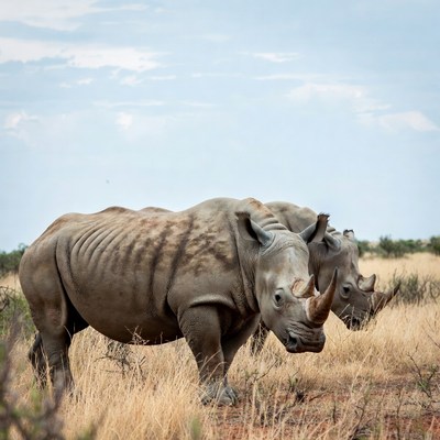 Two rhinos in savanna grassland