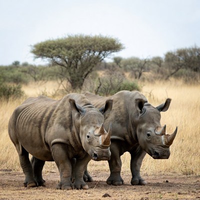 Two rhinos standing in savanna