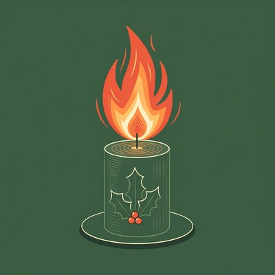 Green Holly Christmas Candle Burning
