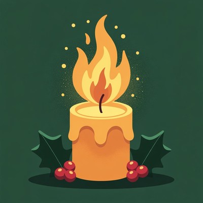 Burning Candle with Holly Leaves