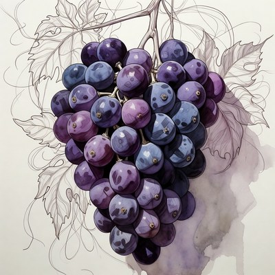 Purple Grapes with Leaves Illustration