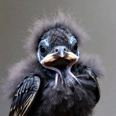Fluffy baby bird with open beak