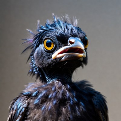 Fluffy black baby bird with yellow eyes