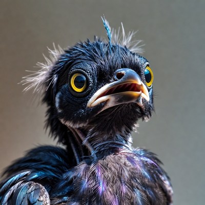 Fluffy black baby bird with yellow eyes