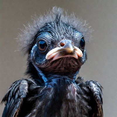 Fluffy black baby bird closeup
