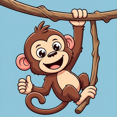 Cartoon monkey hanging on branch