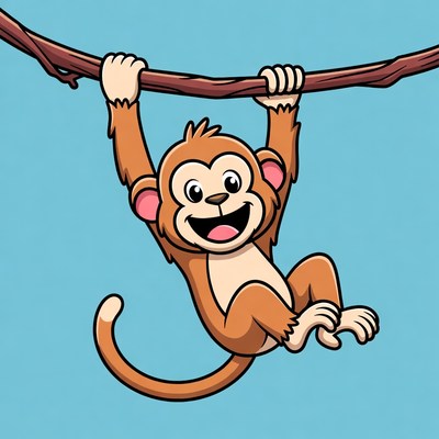 Cartoon monkey hanging from branch