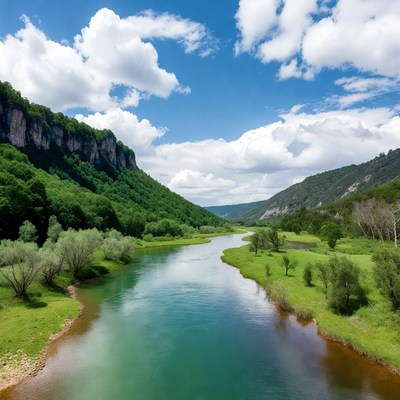 River Flowing Through Green Valley Cliffs
