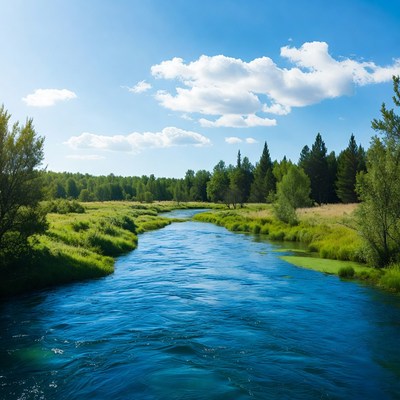 Serene River Flowing Through Forest Meadow