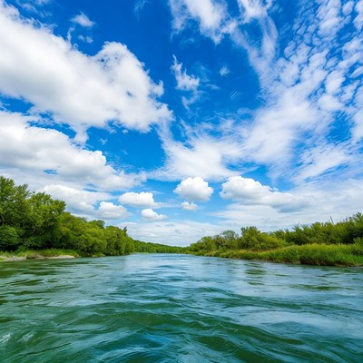 River flowing through green trees under blue sky