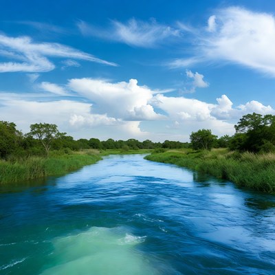 River flowing through green reeds