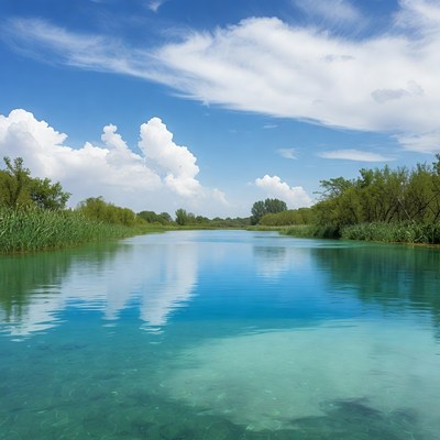 Turquoise River with Reeds and Blue Sky