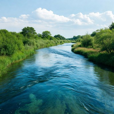 Serene River Flowing Through Green Banks