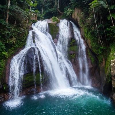 Tropical Waterfall Cascading into Turquoise Pool