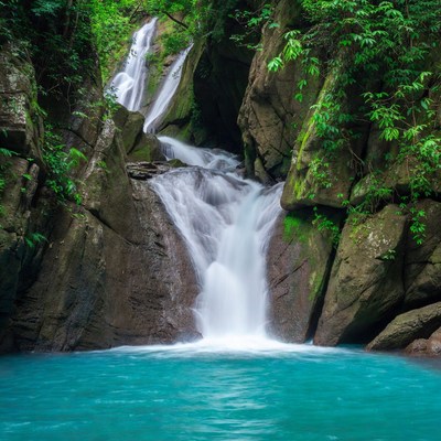 Waterfall cascading into turquoise pool
