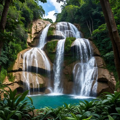 Multi-tiered Waterfall in Tropical Forest