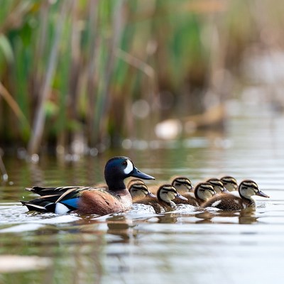 Male mallard duck with ducklings swimming