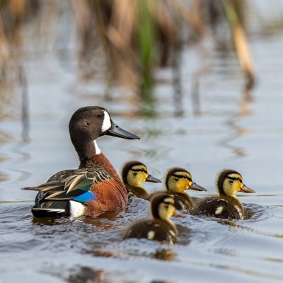 Male Cinnamon Teal with Ducklings