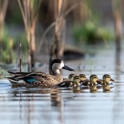 Pintail duck with ducklings in water