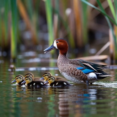 Mandarin Duck with Ducklings in Water