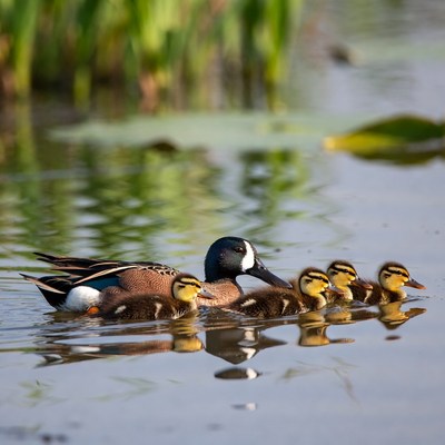 Mallard duck with ducklings swimming
