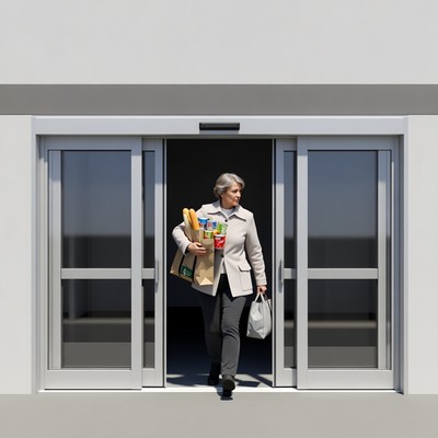 Elderly woman entering store with groceries