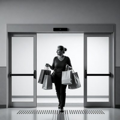 Woman carrying shopping bags through doors
