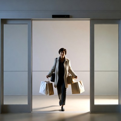 Woman walking through open doors with shopping bags