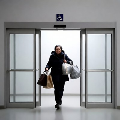 Woman exiting store with shopping bags