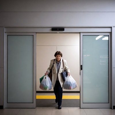 Woman carrying shopping bags through doors