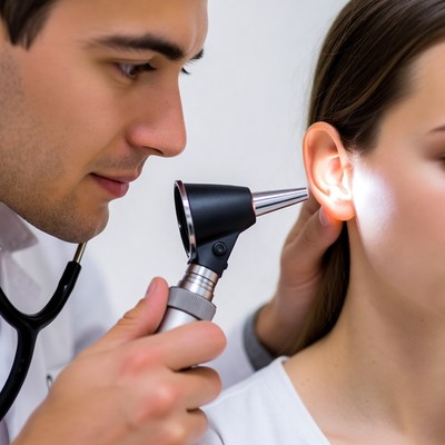 Doctor examining woman's ear with otoscope