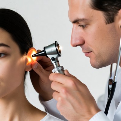 Doctor examining woman's ear with otoscope