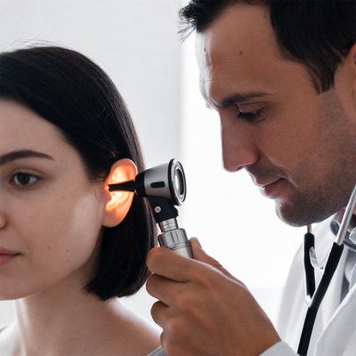 Doctor examining woman's ear with otoscope