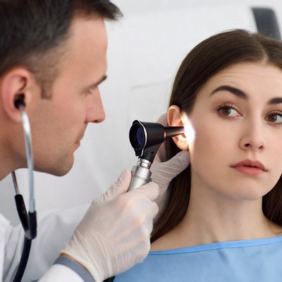 Doctor examining woman's ear