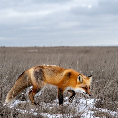 Red fox walking in snowy field