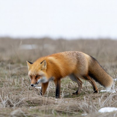 Red fox walking in snowy field