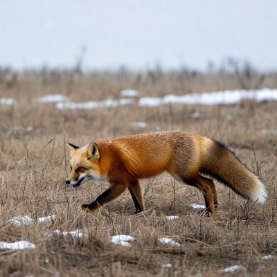 Red fox walking in snowy field